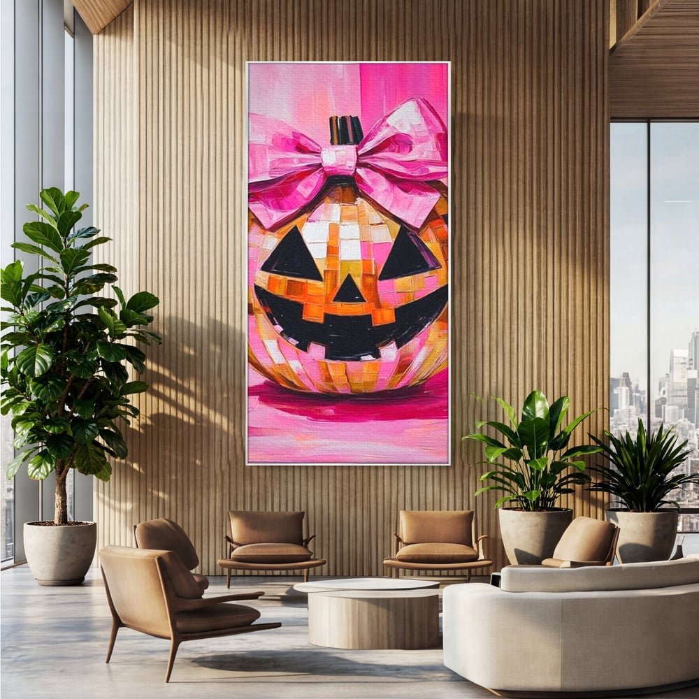Tablou canvas cu tablou canvas cu dovleac roz si fundita, in rama de aluminiu argintiu, pe perete intr-un birou